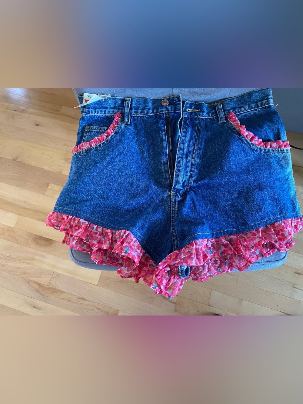 90s Vintage Rare jordache Blue Denim Shorts with Pink Floral Ruffle Trim